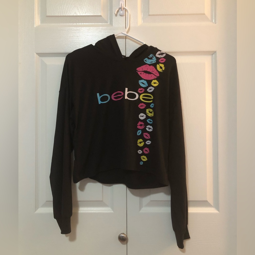 bebe Black Hoodie with Multicolor Lip Prints
